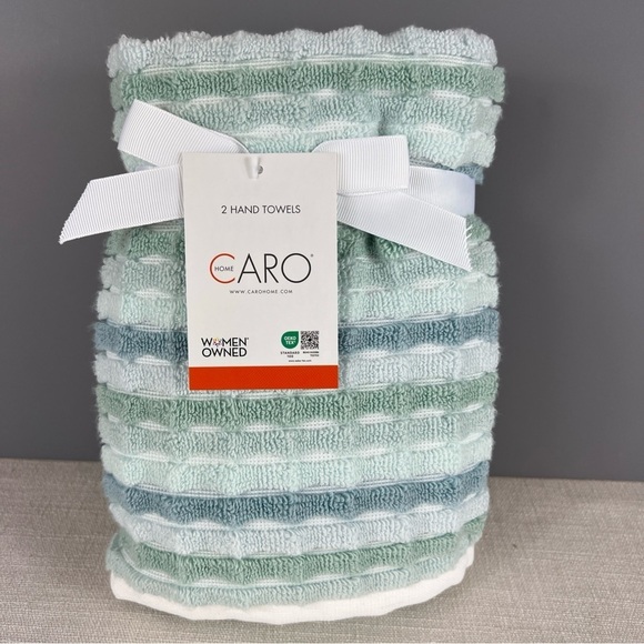 Caro Home Striped Hand Towels - Green Blue White Textured 100% Cotton 2 pc NEW - Picture 1 of 6
